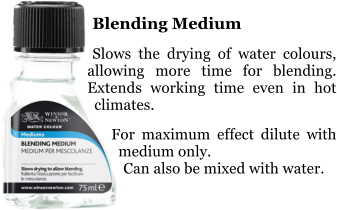 Blending Medium  Slows the drying of water colours, allowing more time for blending. Extends working time even in hot climates.  For maximum effect dilute with medium only. Can also be mixed with water.
