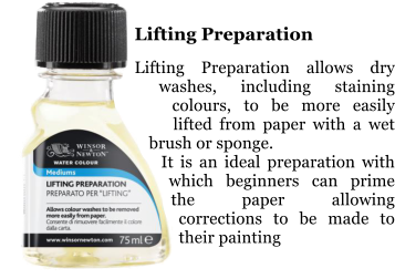 Lifting Preparation  Lifting Preparation allows dry washes, including staining colours, to be more easily lifted from paper with a wet brush or sponge. It is an ideal preparation with which beginners can prime the paper allowing corrections to be made to their painting