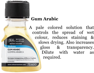 Gum Arabic  A pale colored solution that controls the spread of wet colour, reduces staining & slows drying. Also increases gloss & transparency. Dilute with water as required.