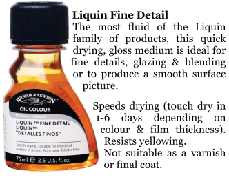 Liquin Fine Detail The most fluid of the Liquin family of products, this quick drying, gloss medium is ideal for fine details, glazing & blending or to produce a smooth surface picture.  Speeds drying (touch dry in 1-6 days depending on colour & film thickness).  Resists yellowing. Not suitable as a varnish or final coat.