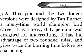 5-A This pen and the two longer versions were designed by Tan Burnet, a many-time world champion bird carver. It is a heavy duty pen and was designed for undercutting. It has the advantage of two rounded sides, and gives twice the burning time before re-sharpening.