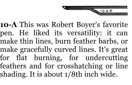 10-A This was Robert Boyer's favorite pen. He liked its versatility: it can make thin lines, burn feather barbs, or make gracefully curved lines. It's great for flat burning, for undercutting feathers and for crosshatching or line shading. It is about 1/8th inch wide.