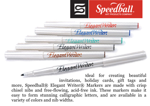 Ideal for creating beautiful invitations, holiday cards, gift tags and more, Speedball Elegant Writer Markers are made with crisp chisel nibs and free-flowing, acid-free ink. These markers make it easy to form stunning calligraphic letters, and are available in a variety of colors and nib widths.