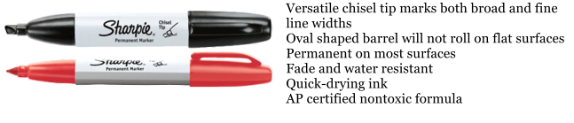 Versatile chisel tip marks both broad and fine line widths Oval shaped barrel will not roll on flat surfaces Permanent on most surfaces Fade and water resistant Quick-drying ink AP certified nontoxic formula