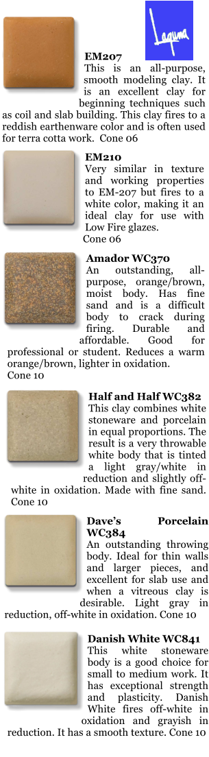 EM207  This is an all-purpose, smooth modeling clay. It is an excellent clay for beginning techniques such as coil and slab building. This clay fires to a reddish earthenware color and is often used for terra cotta work.  Cone 06 EM210 Very similar in texture and working properties to EM-207 but fires to a white color, making it an ideal clay for use with Low Fire glazes.     Cone 06 Amador WC370 An outstanding, all-purpose, orange/brown, moist body. Has fine sand and is a difficult body to crack during firing. Durable and affordable. Good for professional or student. Reduces a warm orange/brown, lighter in oxidation.  Cone 10 Half and Half WC382 This clay combines white stoneware and porcelain in equal proportions. The result is a very throwable white body that is tinted a light gray/white in reduction and slightly off-white in oxidation. Made with fine sand. Cone 10 Daves Porcelain WC384 An outstanding throwing body. Ideal for thin walls and larger pieces, and excellent for slab use and when a vitreous clay is desirable. Light gray in reduction, off-white in oxidation. Cone 10 Danish White WC841  This white stoneware body is a good choice for small to medium work. It has exceptional strength and plasticity. Danish White fires off-white in oxidation and grayish in reduction. It has a smooth texture. Cone 10