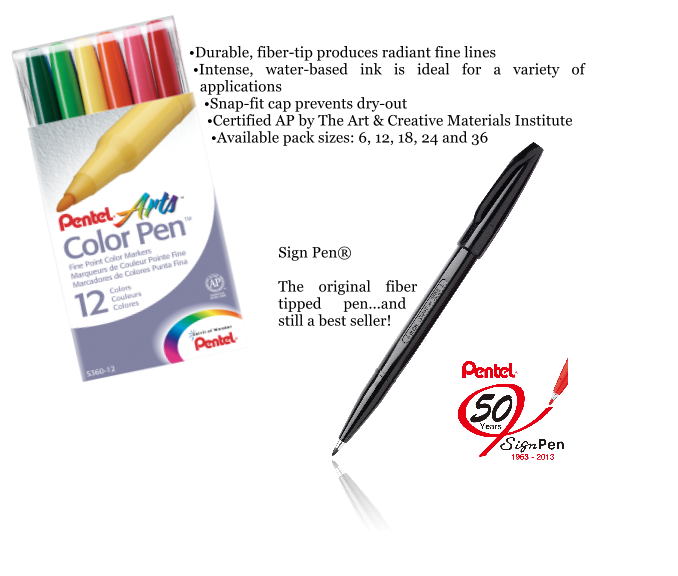 Sign Pen   The original fiber tipped pen...and still a best seller!   Durable, fiber-tip produces radiant fine lines Intense, water-based ink is ideal for a variety of applications Snap-fit cap prevents dry-out Certified AP by The Art & Creative Materials Institute Available pack sizes: 6, 12, 18, 24 and 36